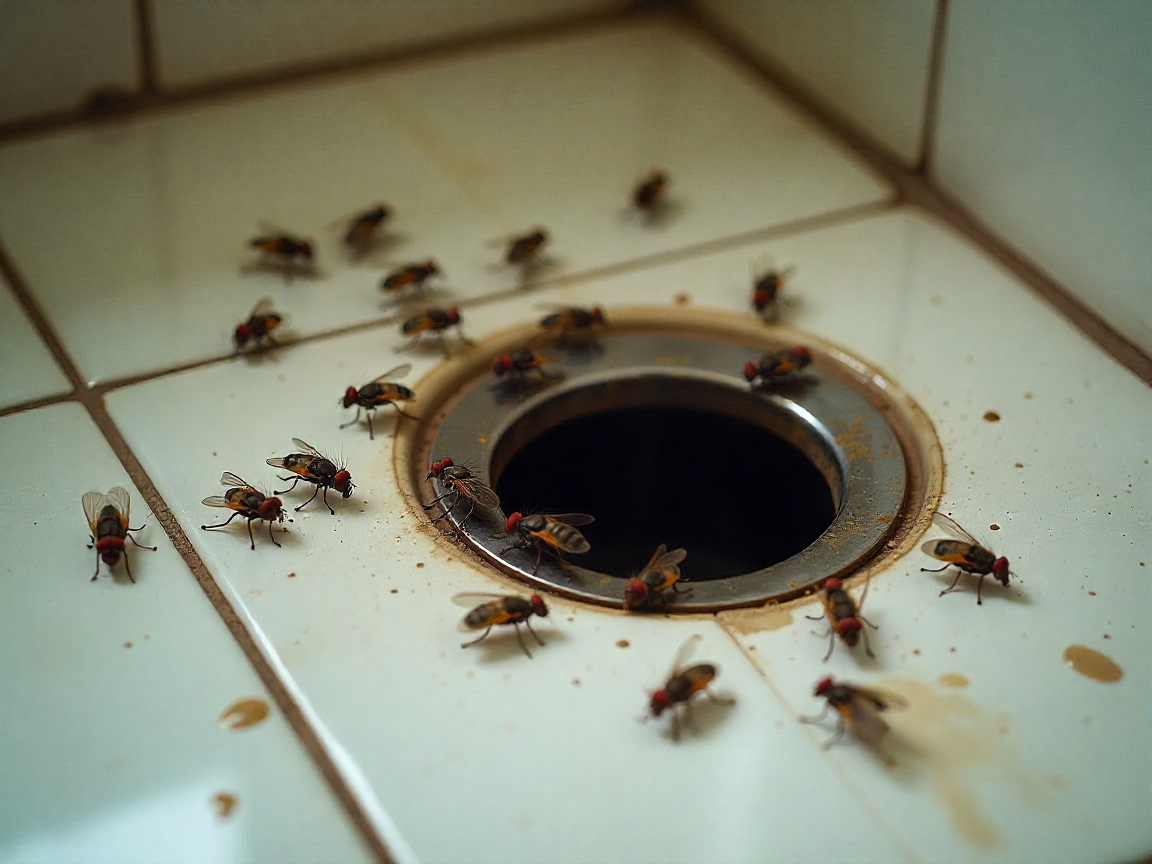Drain flies around a bathroom floor drain in a Sydney home
