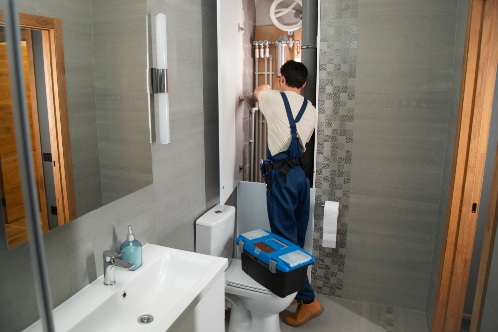 Licensed plumber installing new bathroom fixtures during a Kingsford home renovation