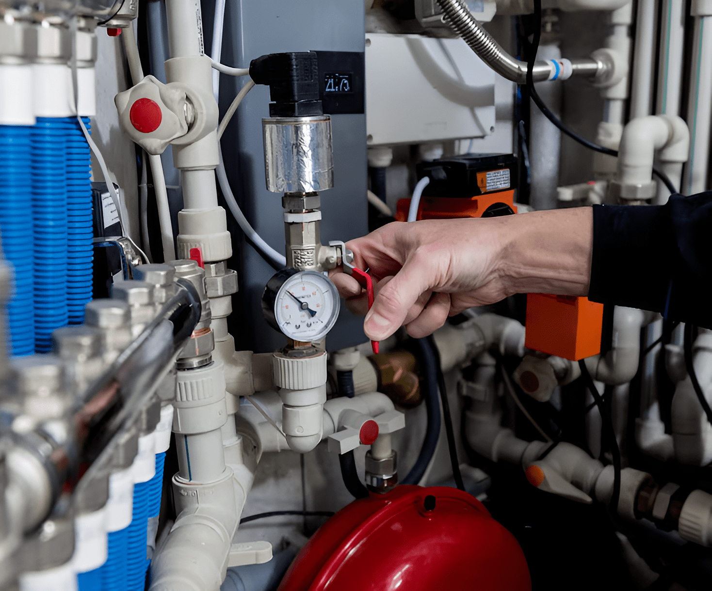 A licensed gas fitter servicing a commercial gas pipe system and pressure gauge, representing Civic Plumbing's services in Redfern.