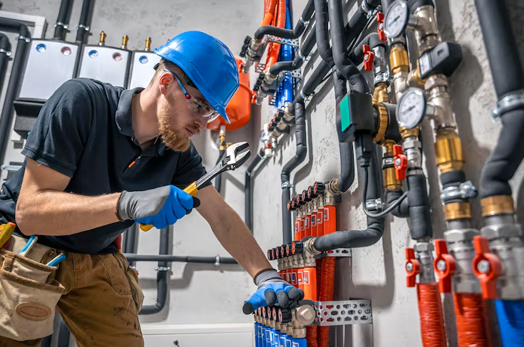 Plumber installing new gas connection and testing pressure in Redfern property