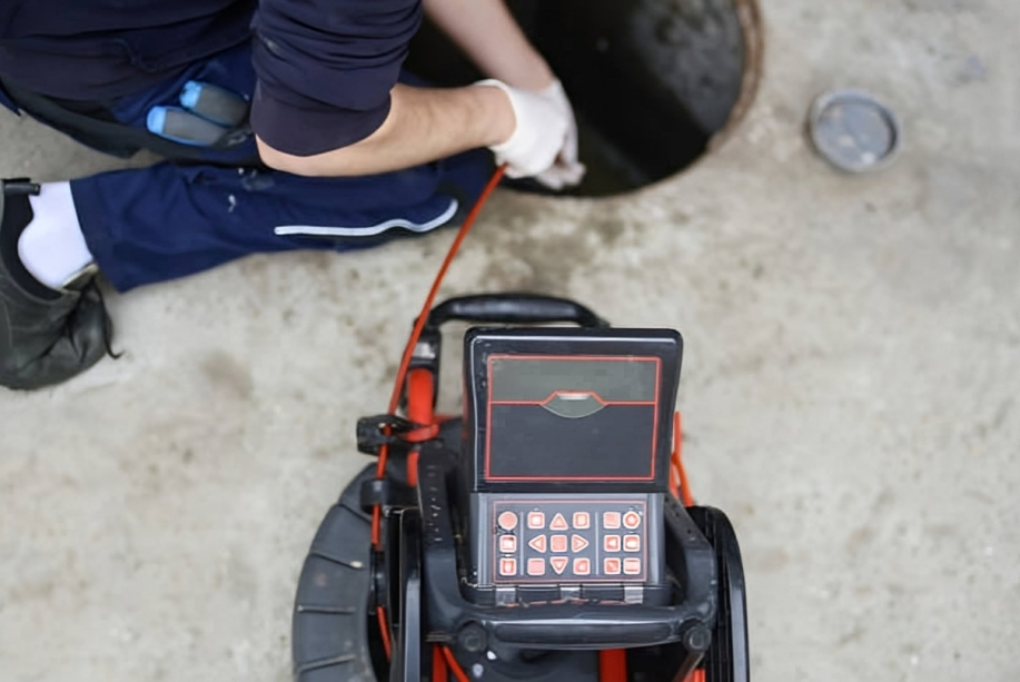 Plumber using CCTV drain camera for pipe inspection in Redfern