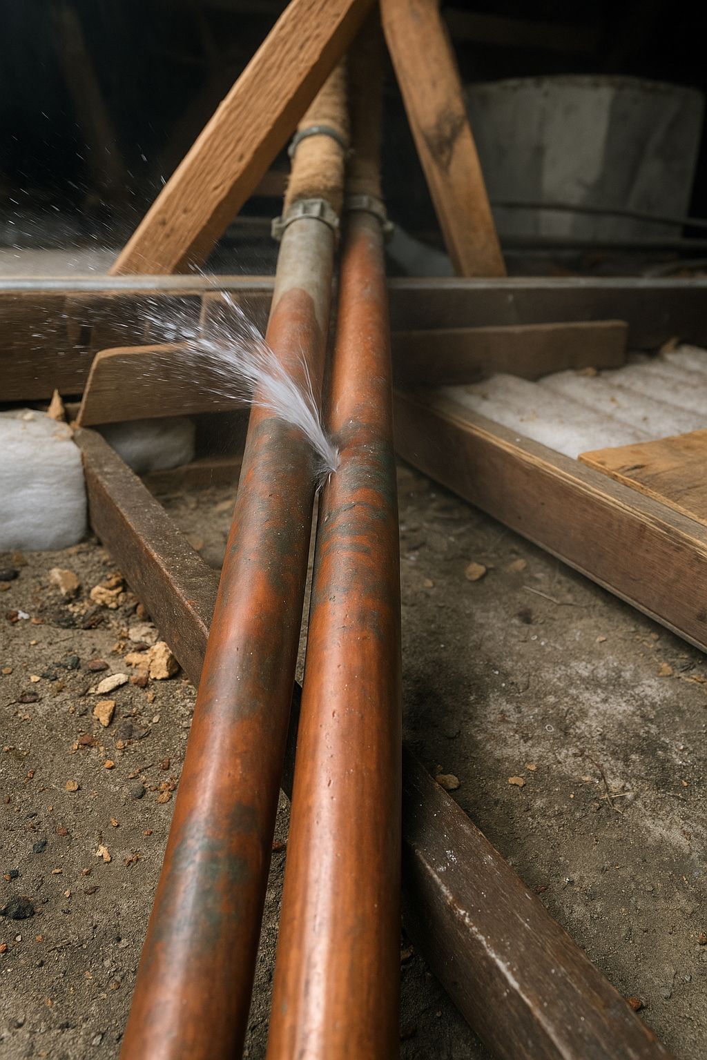 Burst copper pipe spraying water in an attic during an emergency plumbing leak at a Redfern property