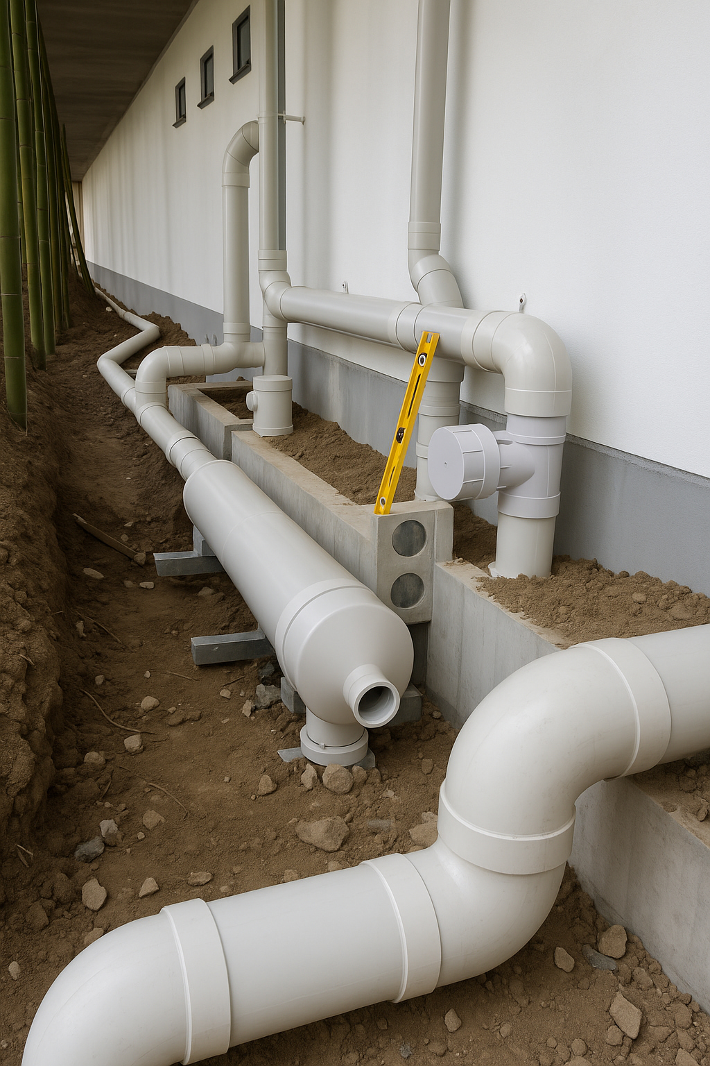 Large PVC stormwater drainage pipes being installed along the exterior wall of a commercial building in Redfern