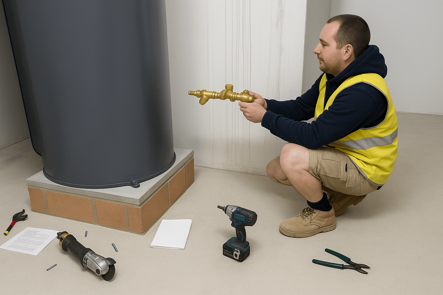 Plumber installing a hot water system and connecting brass valves in a Redfern property