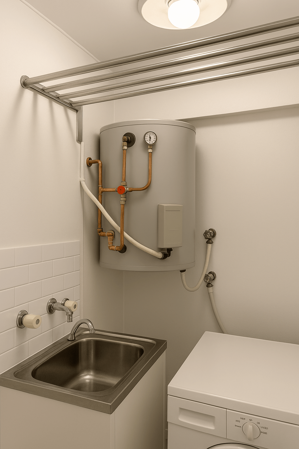 Hot water system in a Redfern laundry showing copper pipework and fittings during repair and maintenance work