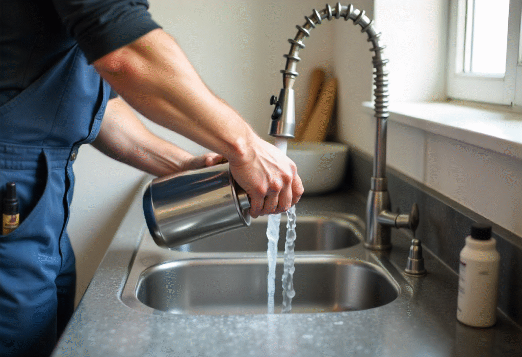 homeowner pouring boiling water to unclog kitchen sink