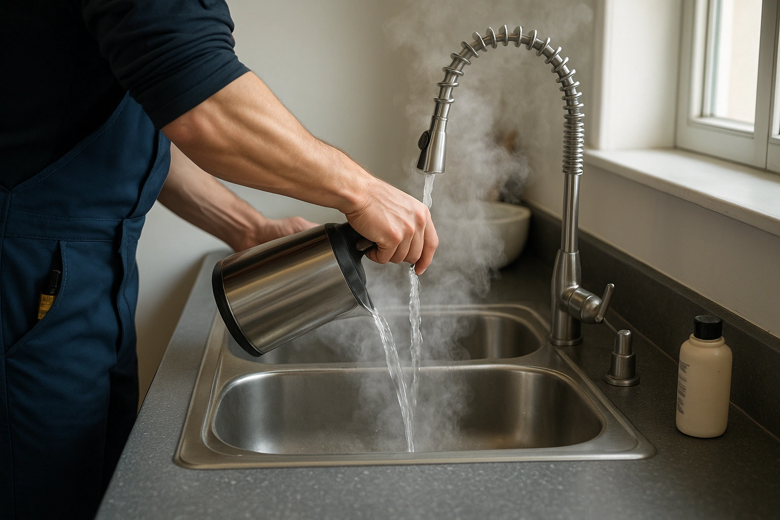 homeowner pouring boiling water to unclog kitchen sink