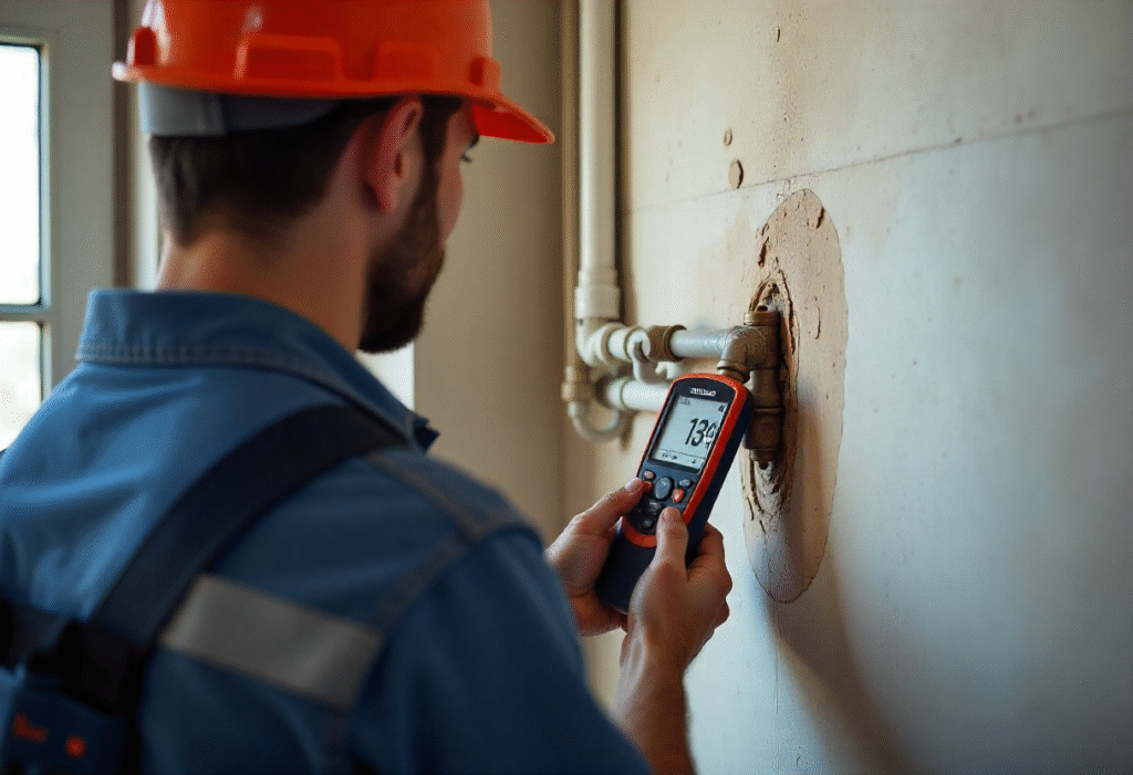 Plumber using moisture meter to locate water leak in Sydney home