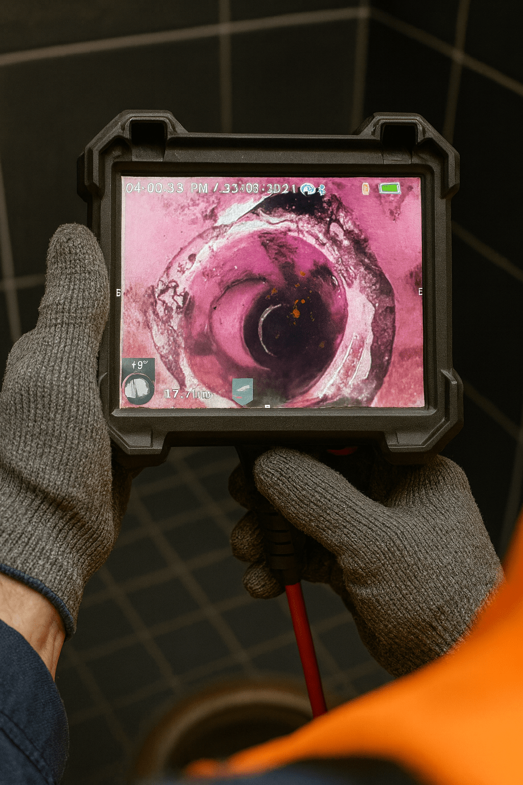 Plumber holding a CCTV drain inspection camera showing the inside of a pipe during a plumbing inspection in a Redfern home