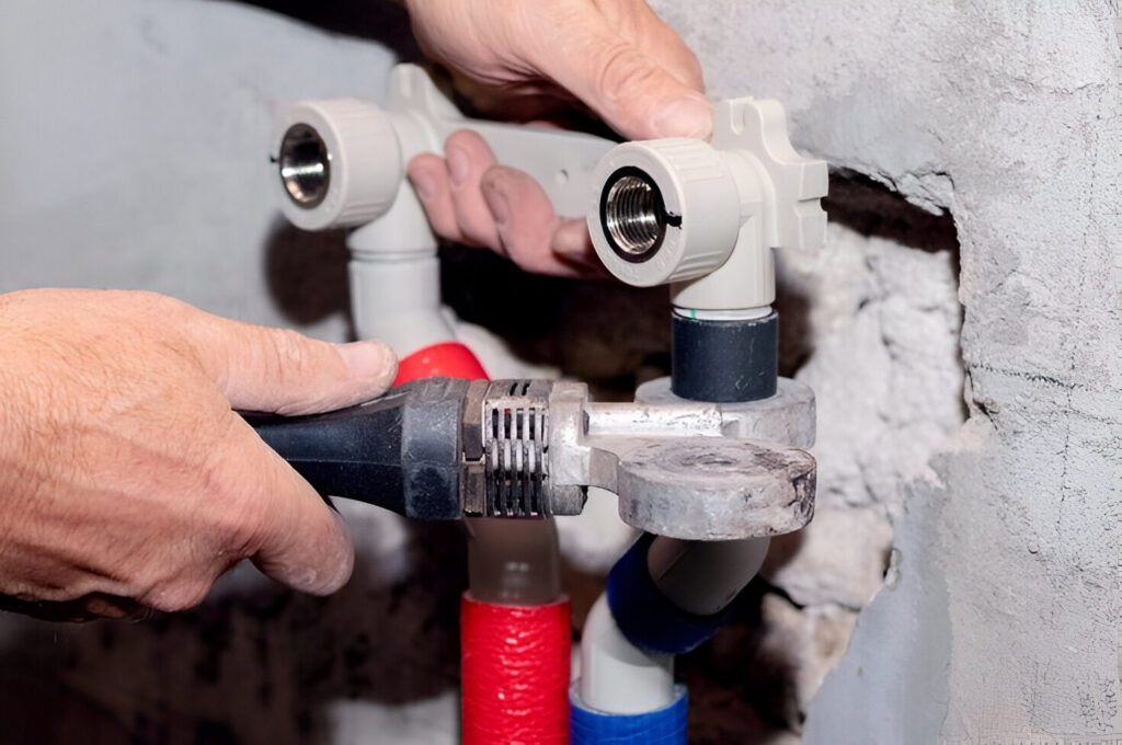 licensed plumber working on a burst pipe in an Eveleigh apartment