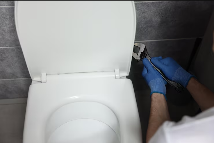  Plumber fixing water leak around base of toilet in Redfern property