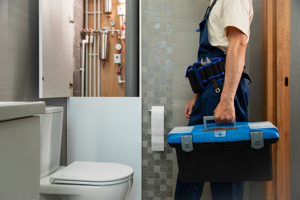 Plumber fixing a leaking toilet cistern and flushing mechanism in a Eveleigh apartment