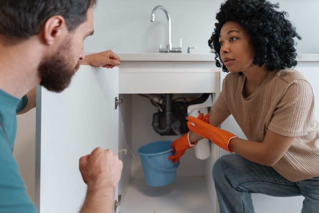 Homeowner performing a basic plumbing inspection under a kitchen sink