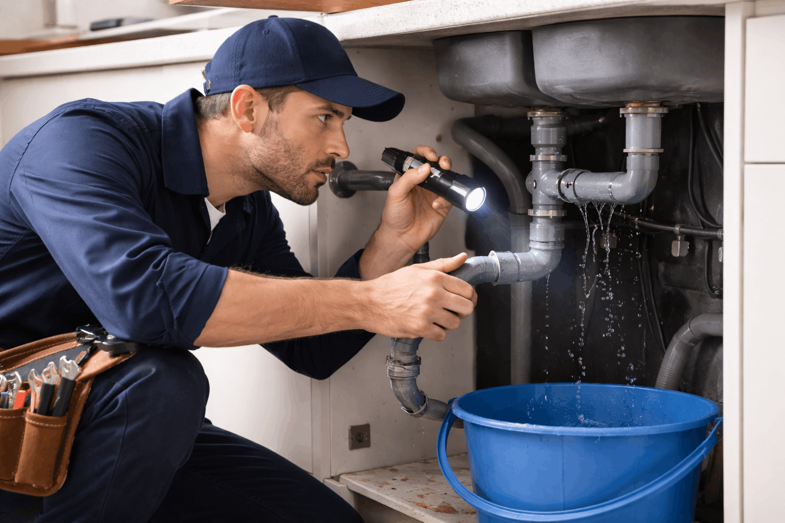 Plumber inspects leaking pipes under sink, holding wrench and flashlight, ready to fix leaking toilet as water drips.