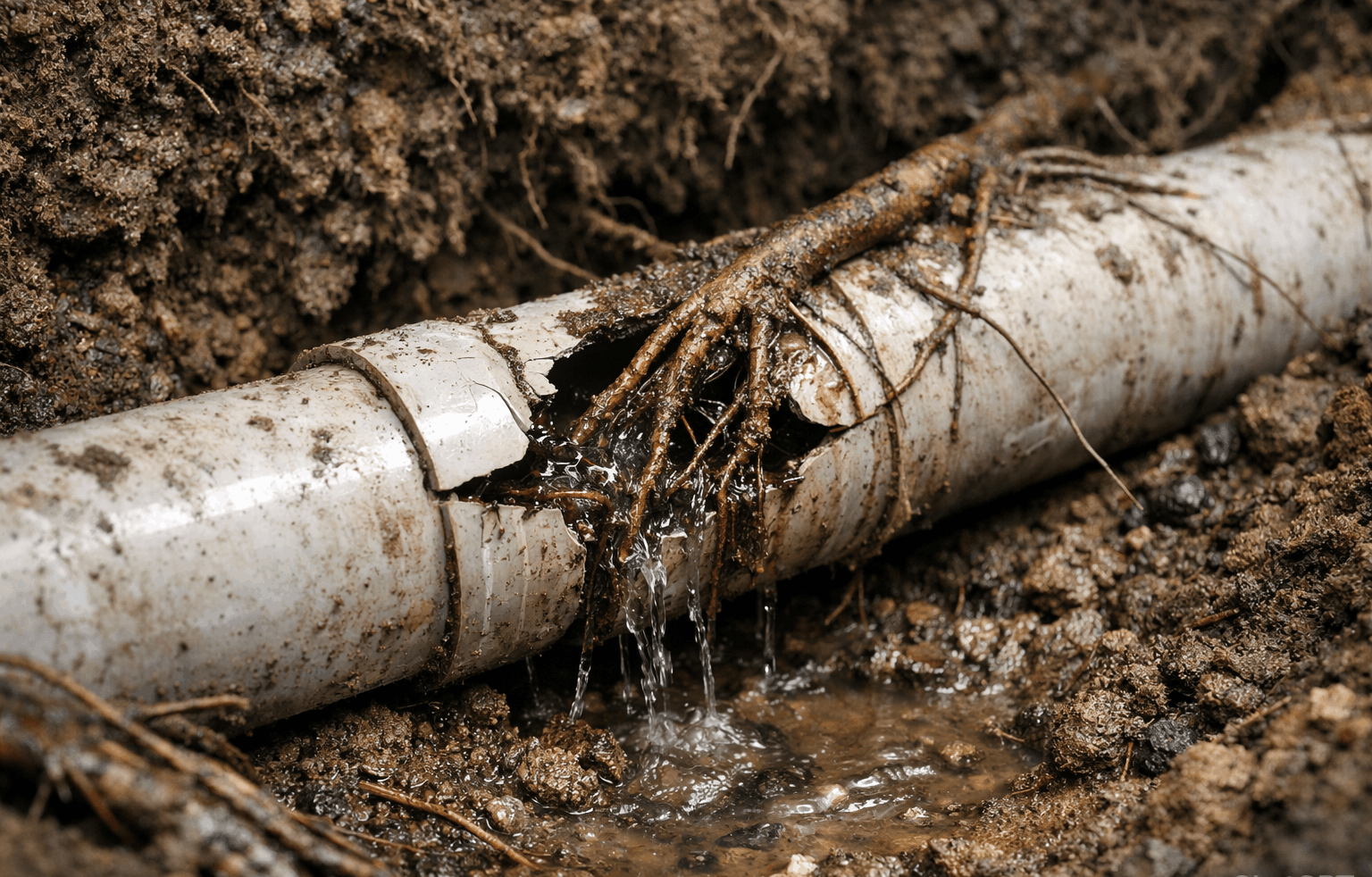Tree roots breaking through an underground sewer pipe causing water leakage and structural drain damage