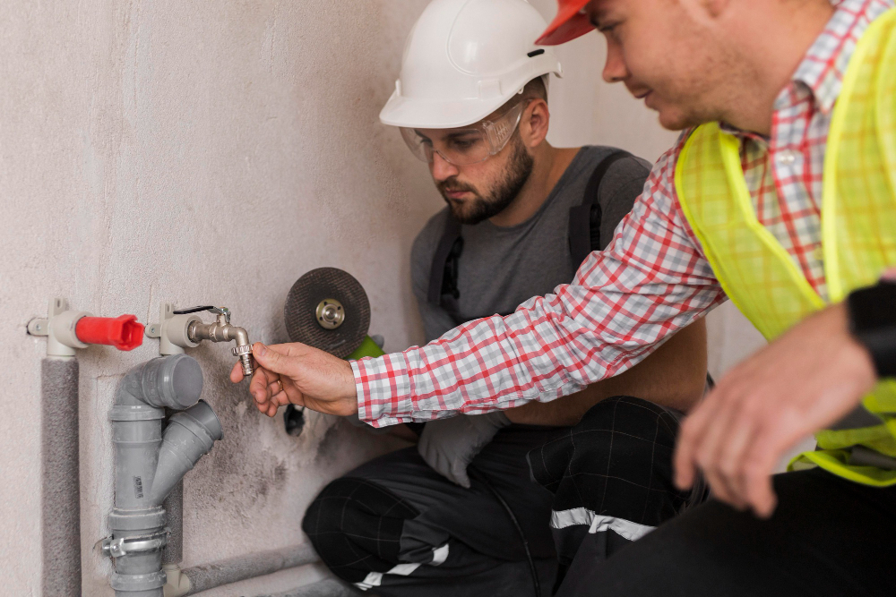Two workers in safety gear inspect an indoor pipe and valve, solving commercial plumbing Sydney issues with tools nearby.
