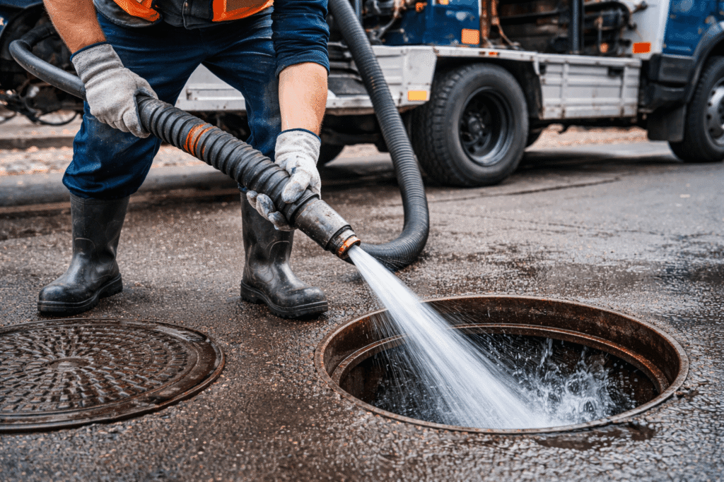 High pressure water jetting clearing blocked drain