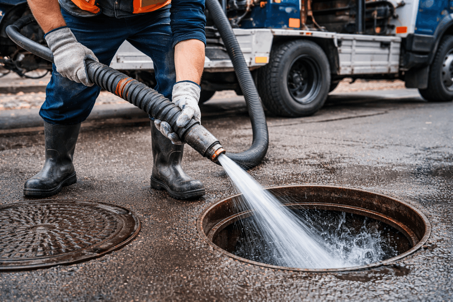 High pressure water jetting clearing blocked drain