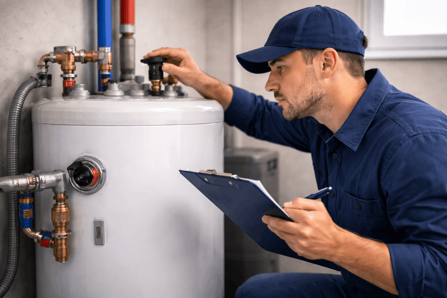Hot water system inspection during plumbing maintenance