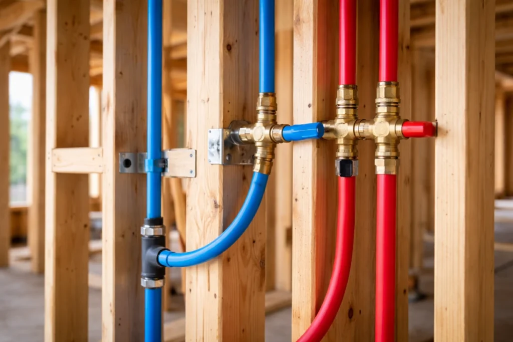 Internal water pipe rough-in stage for new build plumbing