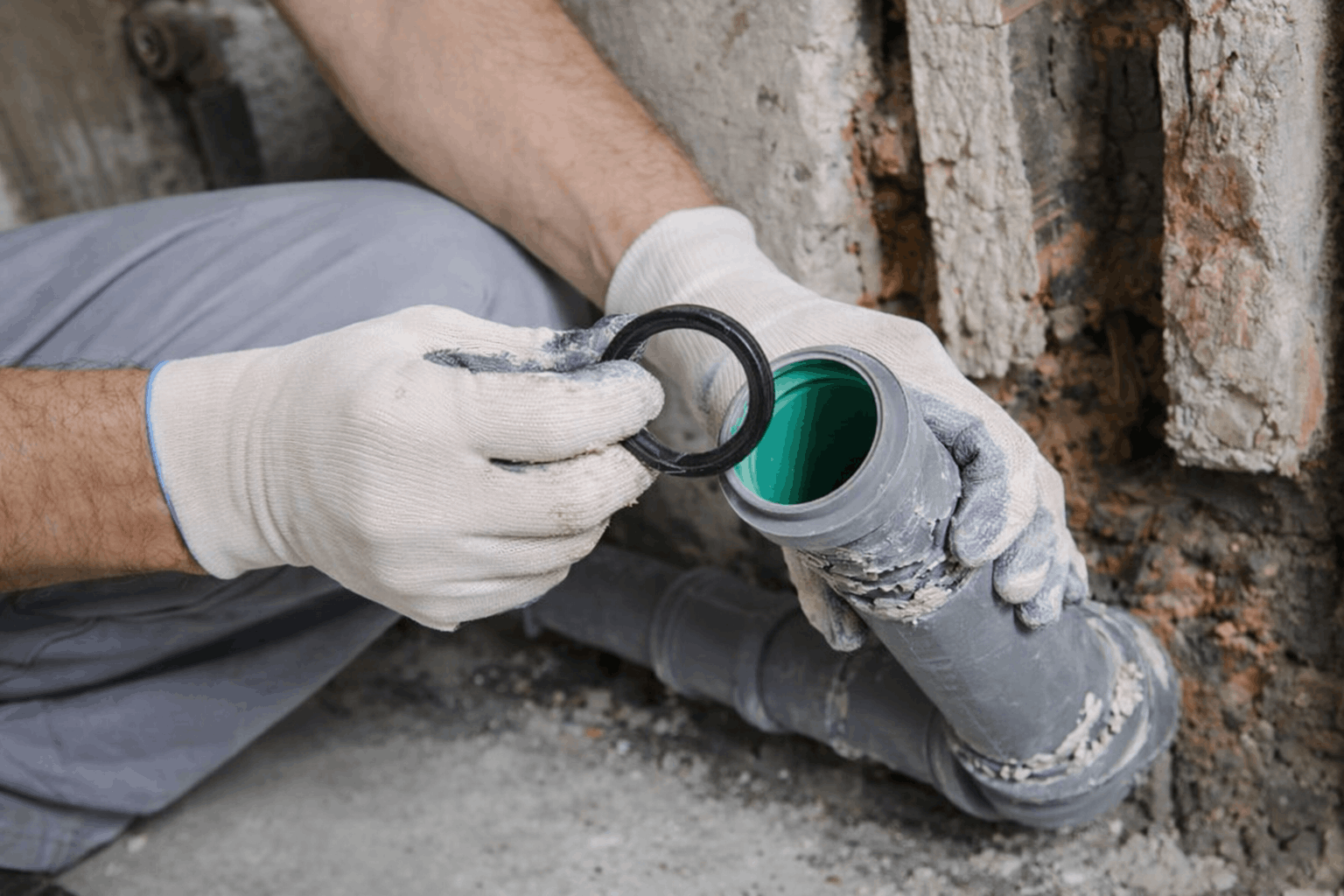 Person with gloves repairs plastic plumbing pipe, holding gasket by damaged wall, showing typical Sydney pipe issues.