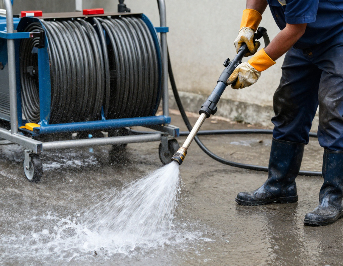 Plumber using high pressure water jetting equipment