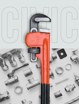 A red pipe wrench is centered with plumbing fittings and fixtures, "Civic Plumbing" faintly visible.