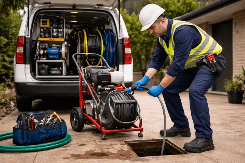 Licensed plumber providing blocked drain services in Sydney using professional plumbing equipment