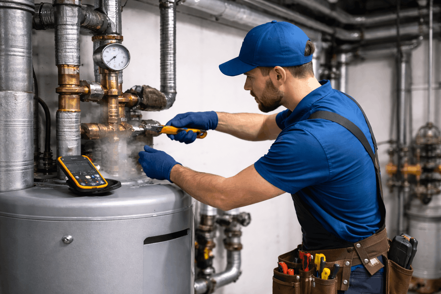 Plumber repairing a commercial hot water system in a Sydney business facility