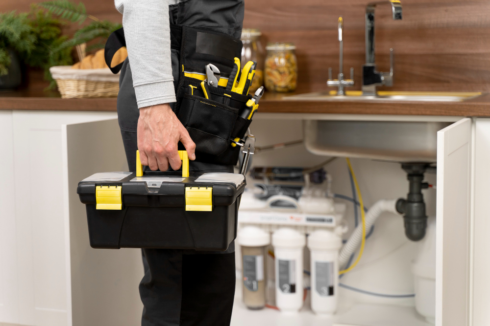 Plumber performing routine commercial plumbing maintenance in a Sydney building