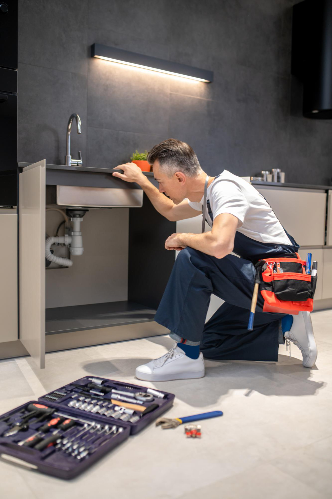 Plumber performing routine commercial plumbing maintenance in a Sydney building