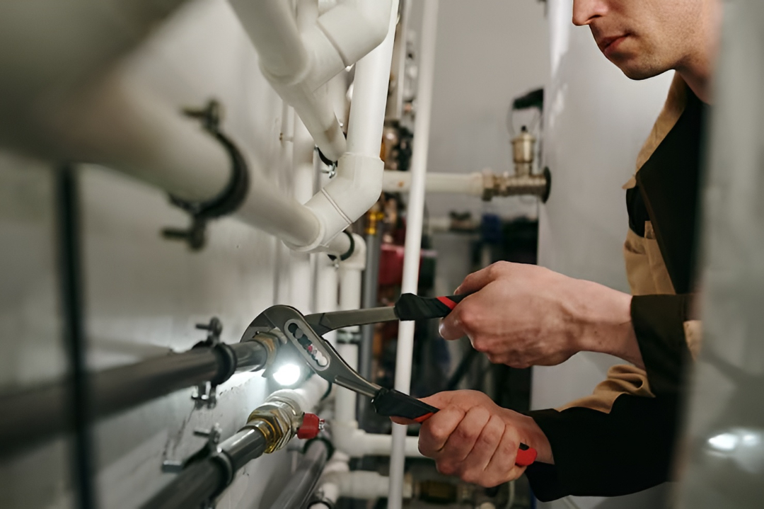 A person uses pliers and a flashlight on pipes in an industrial room, commercial plumbing in Redfern Sydney.