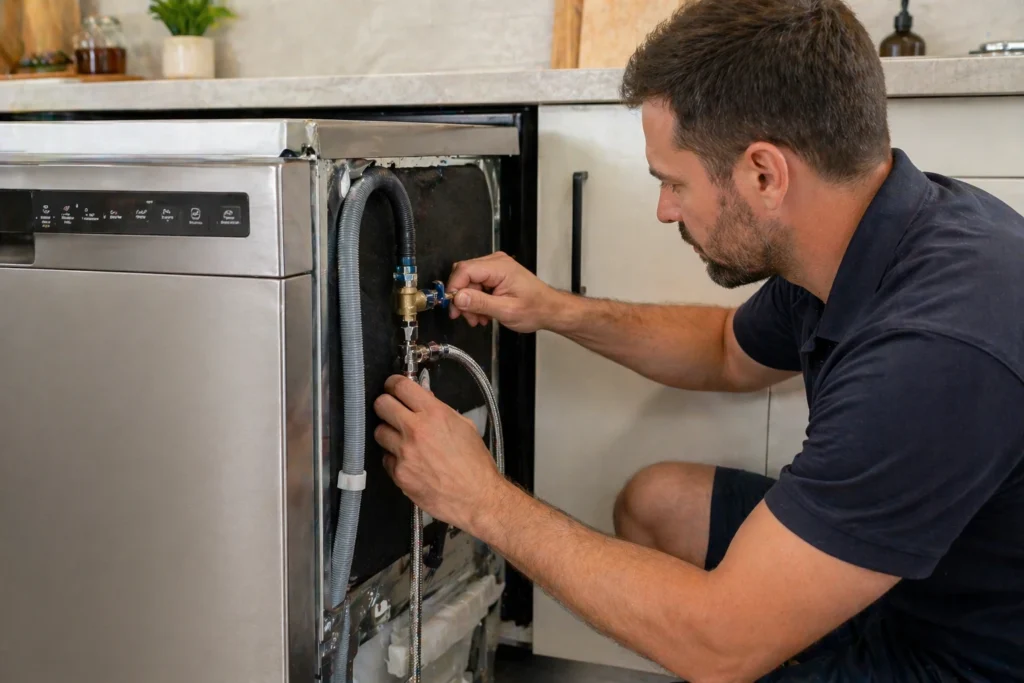Licensed kitchen plumbing installation of a dishwasher with secure water connections