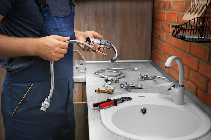 In Redfern Sydney, a worker in overalls holds a faucet and hose above a sink with plumbing tools neatly arranged.