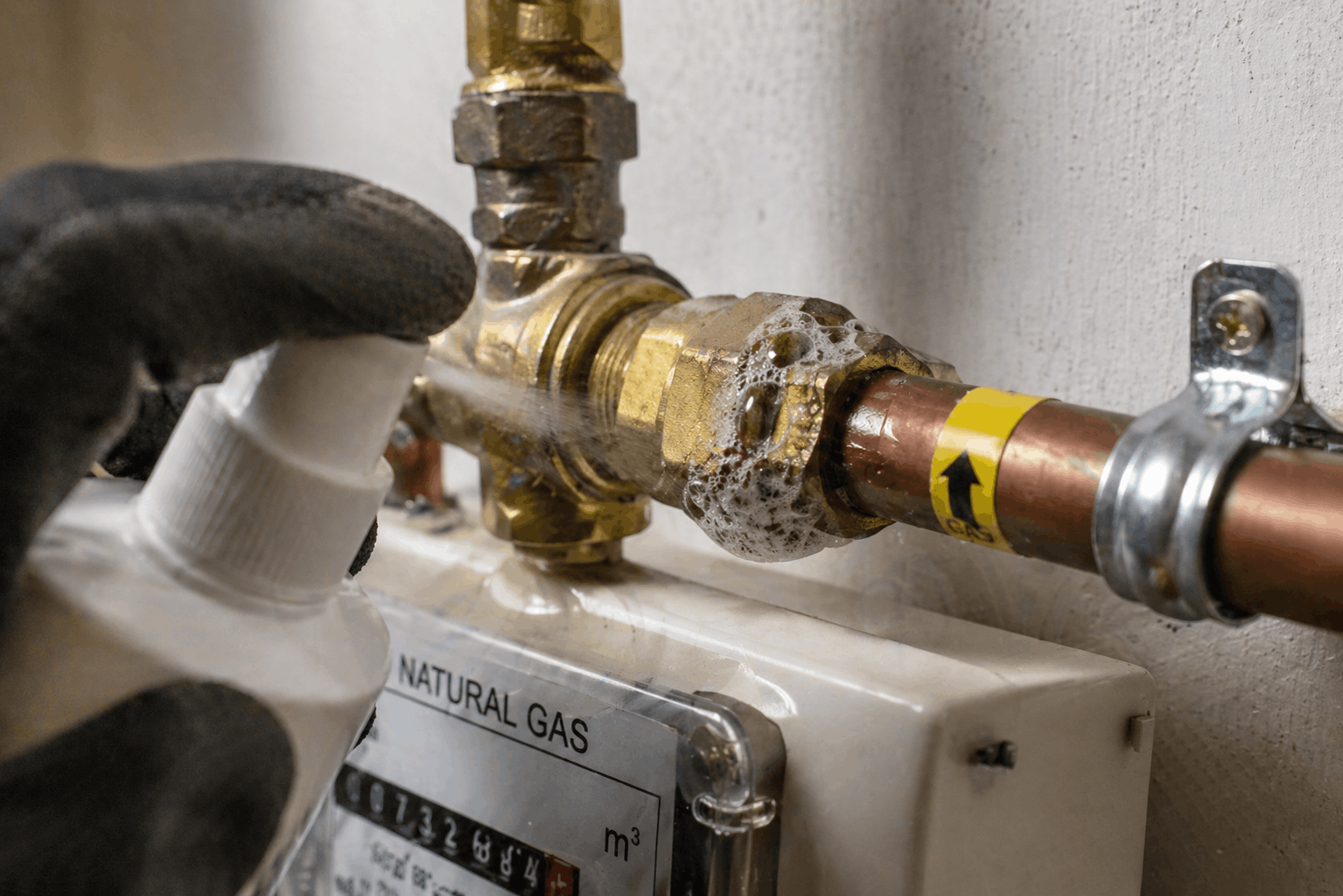 Close-up of gas pipe and fittings showing potential leak signs in Sydney property