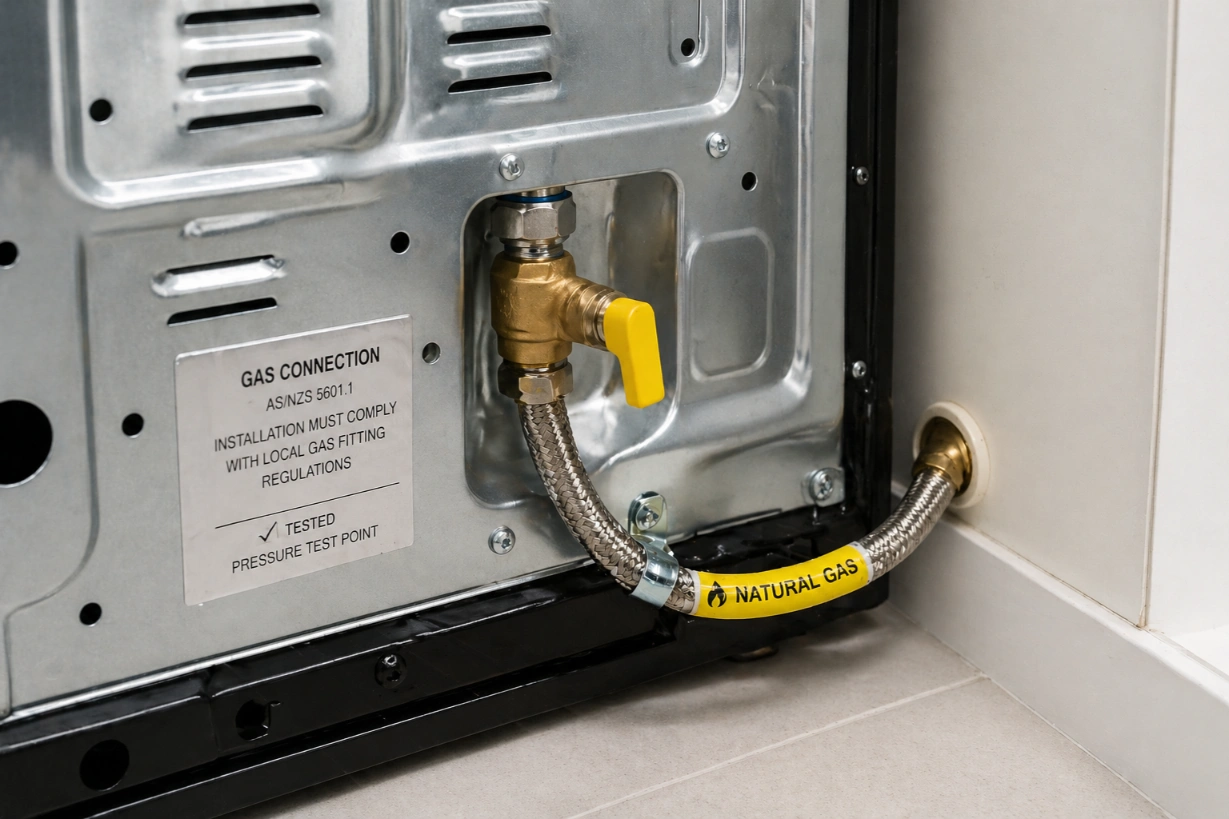 Secure gas oven installation showing compliant pipework and connections