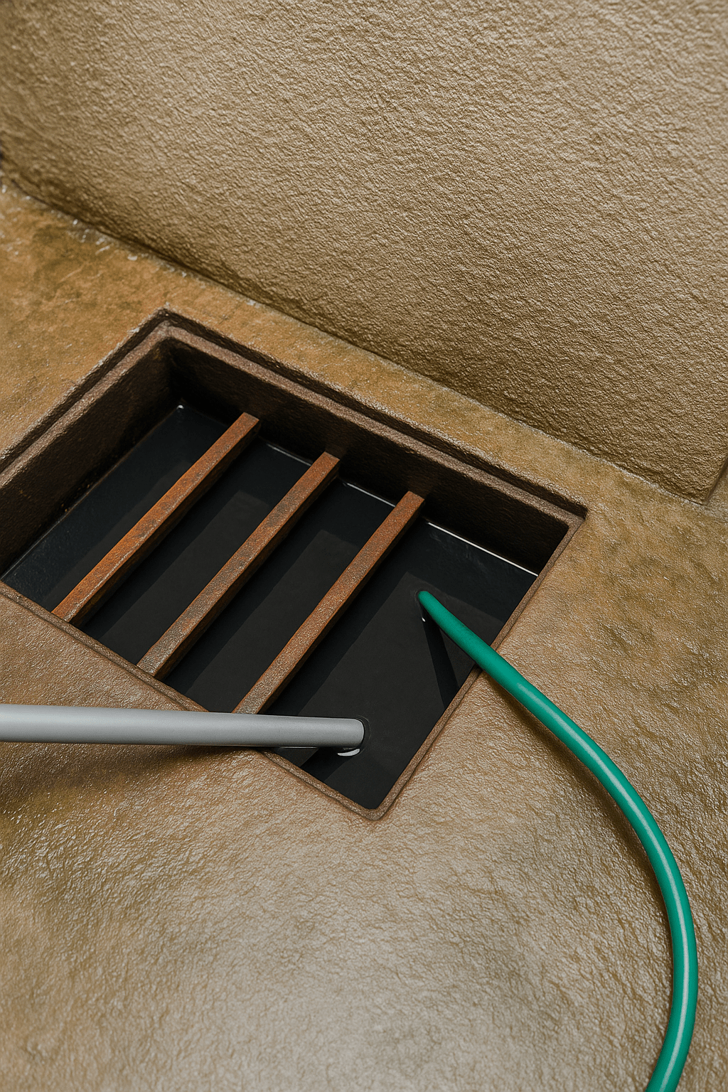 Gray pipe and green hose for drain clearing are inserted into a floor drain with metal bars on a brown textured surface.