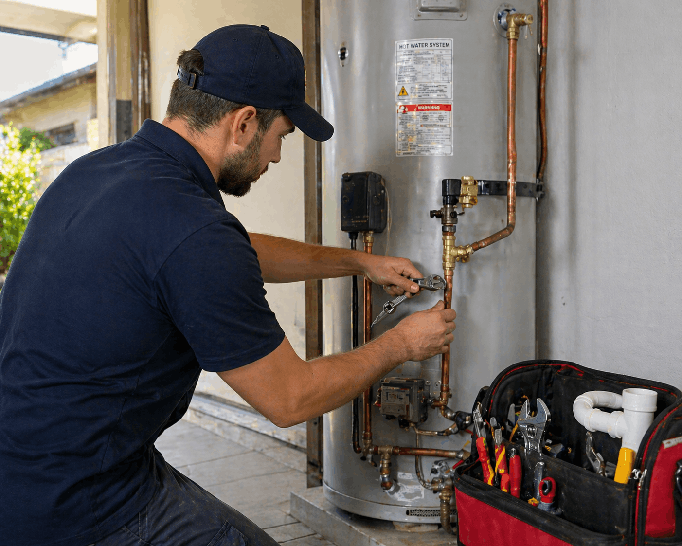 Licensed plumber repairing hot water system in Sydney home