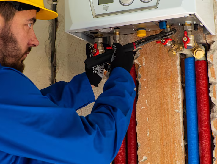Plumber servicing hot water system for maintenance in Sydney