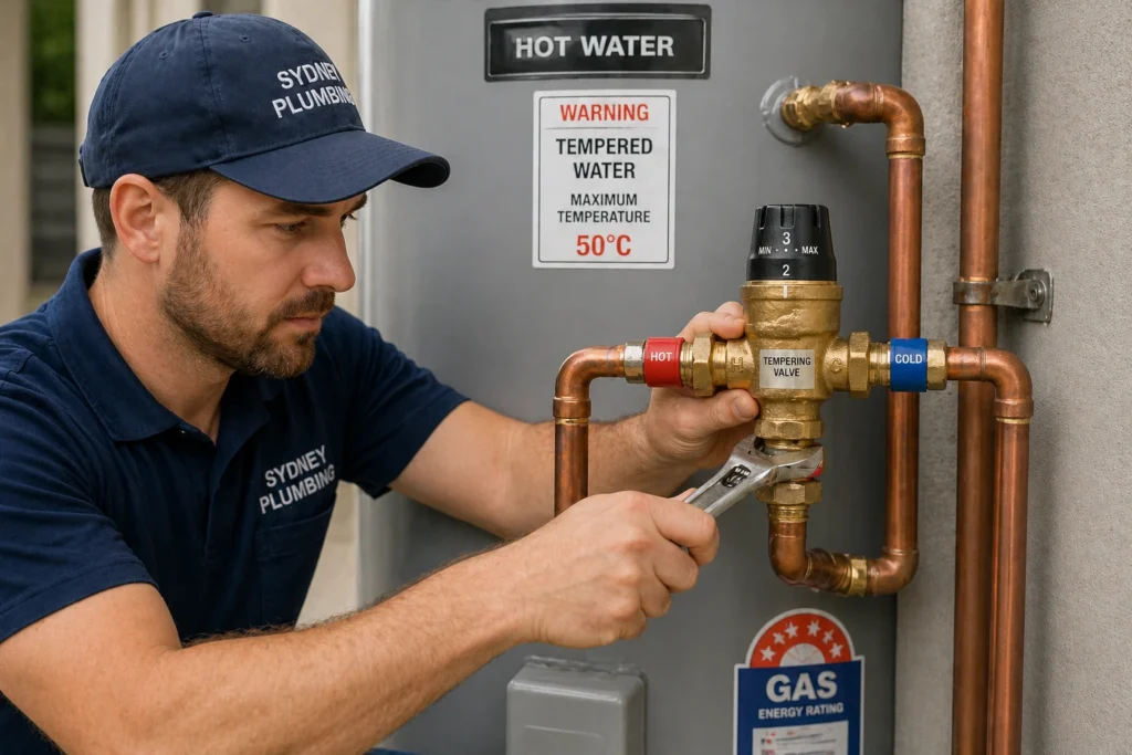 Licensed Sydney plumber installing a hot water tempering valve for safety compliance