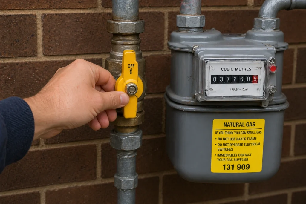 Turning off the main gas supply at the meter to safely manage a leak

