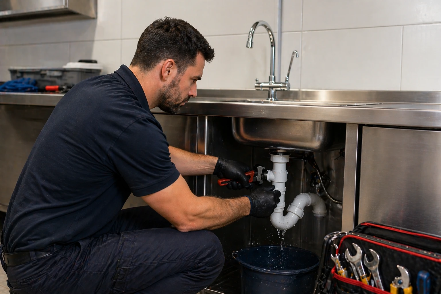 Professional kitchen plumbing repair of a leaking sink and P-trap in Sydney