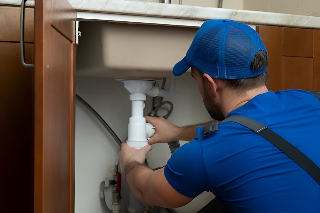 Leak detection plumber in blue uniform fixes kitchen sink pipes using detection tools inside an open cabinet.