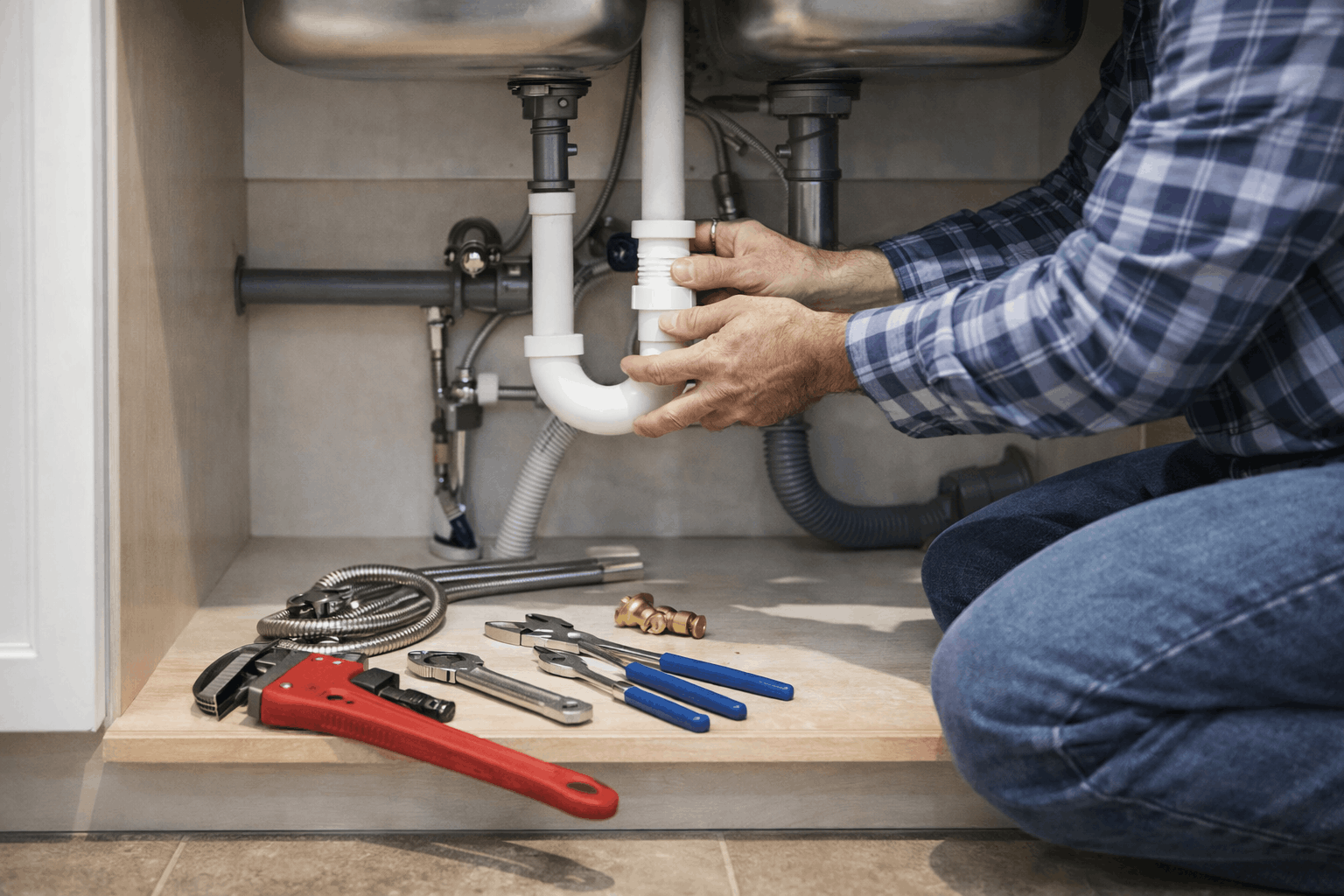 Person repairing plumbing under kitchen sink with tools like a wrench, pliers, pipe snake for pipe relining tasks.