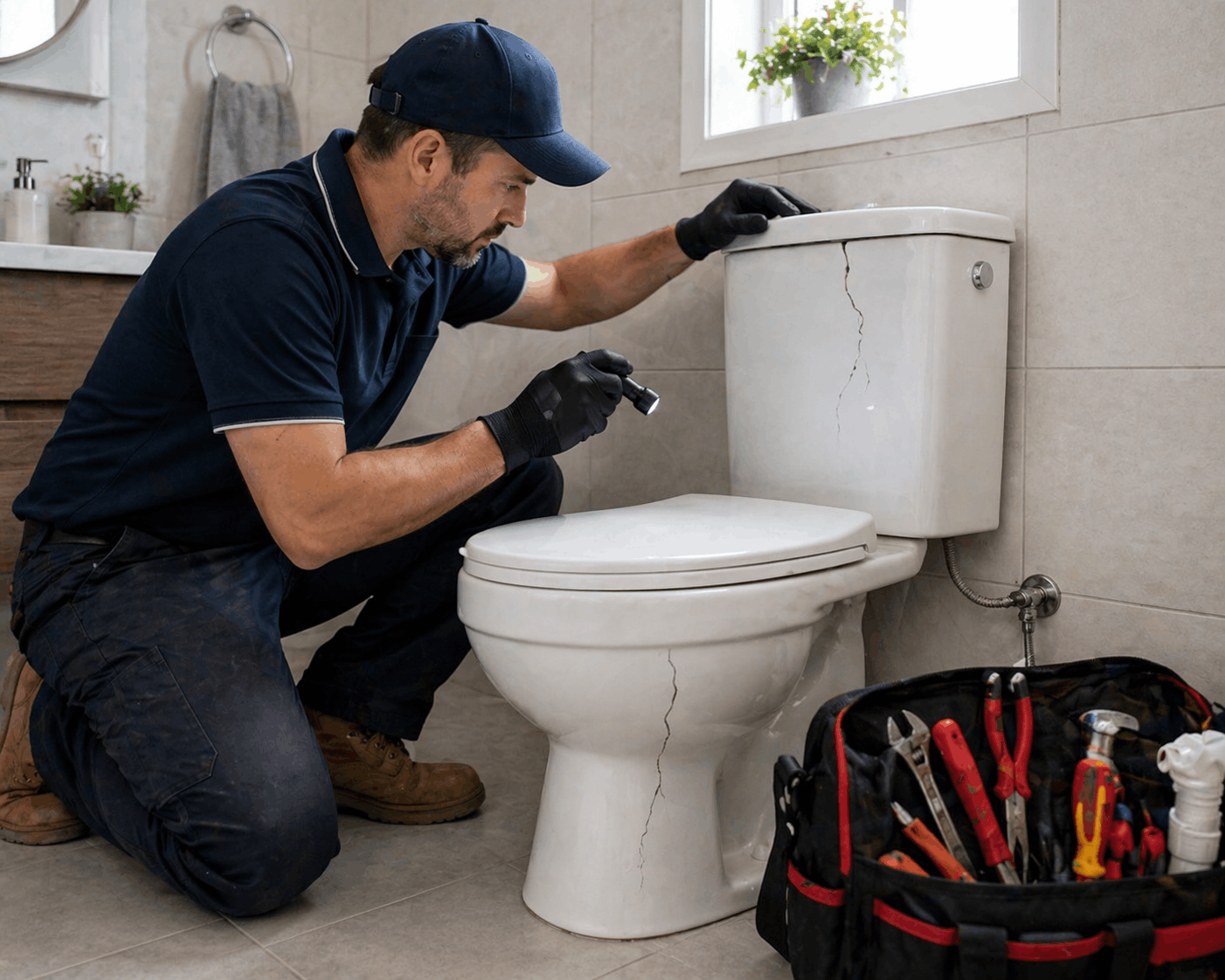Plumber performing toilet fixing service