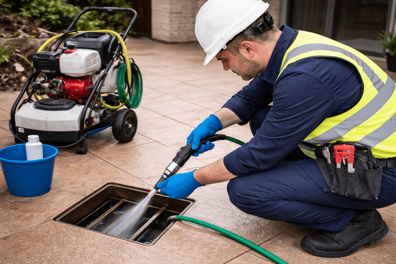 Plumber performing preventative drain maintenance to avoid future blockages