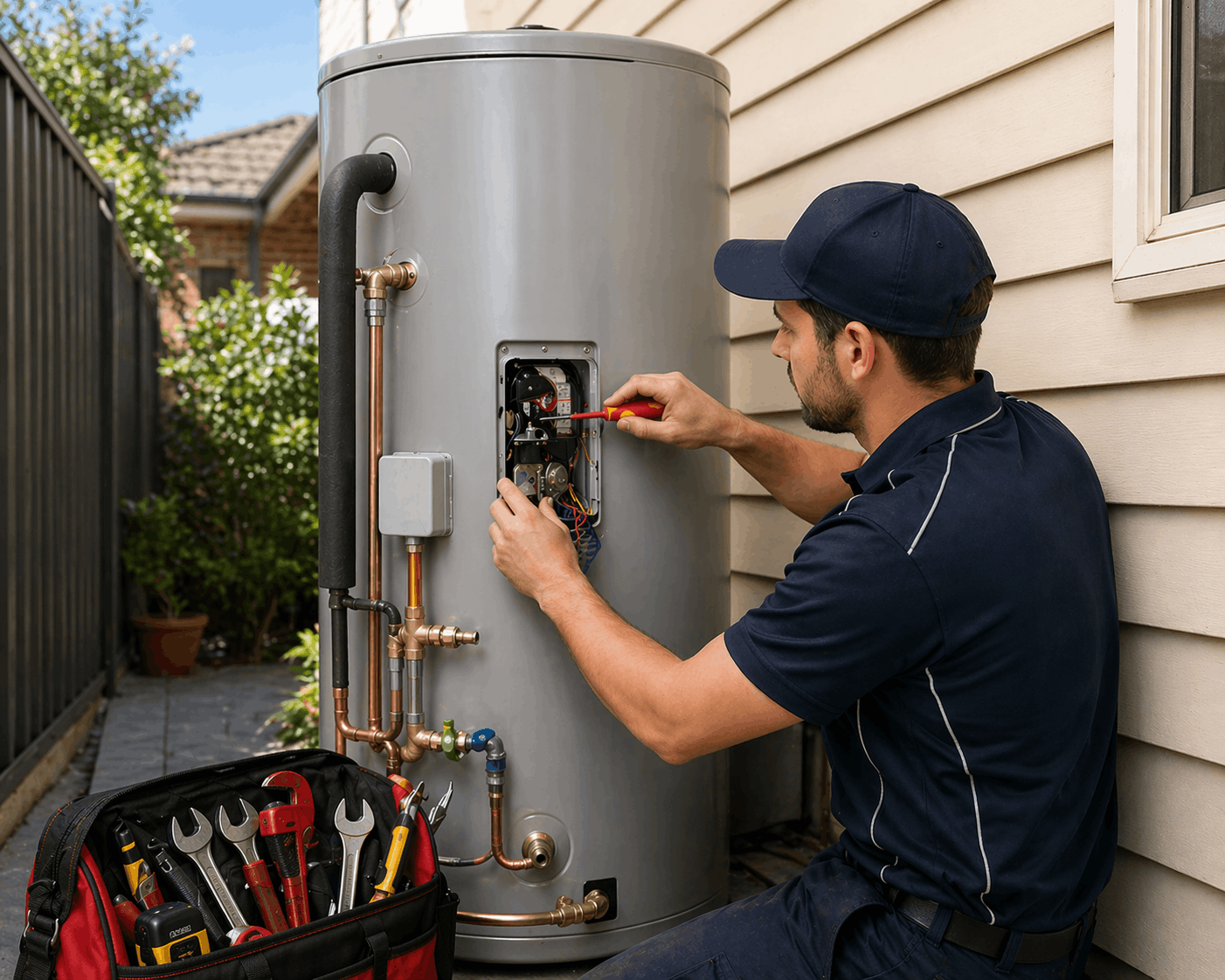 Technician in uniform uses a screwdriver to repair hot water system in Sydney home, showcasing professional hot water repairs.