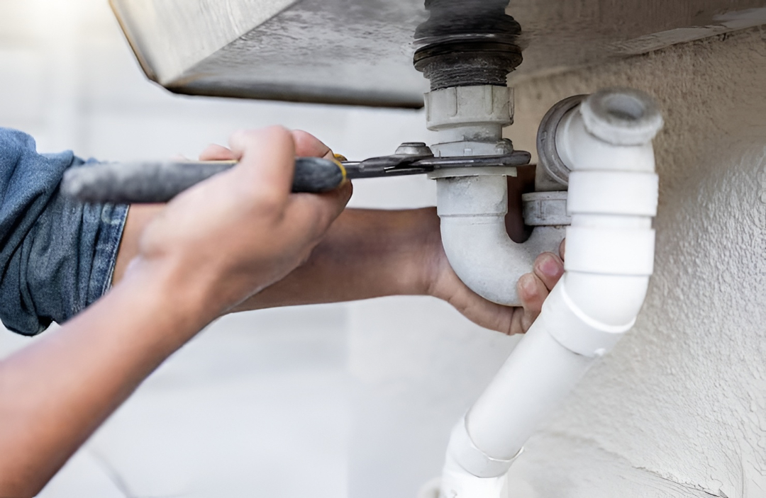Plumber tightens pipe under a sink with a wrench, ensuring plumbing compliance and safety in Redfern Sydney.