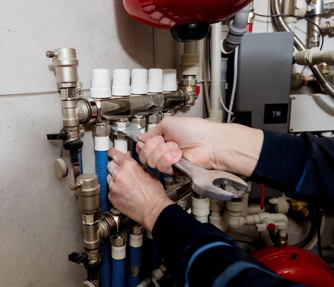Person tightening pipe connection on plumbing manifold with blue hoses and valves in Redfern Sydney utility room.