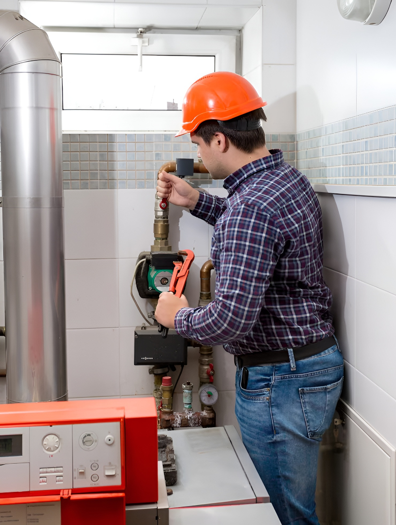Worker in hard hat and plaid shirt using wrench to fix plumbing pipes in a utility room, Redfern Sydney.
